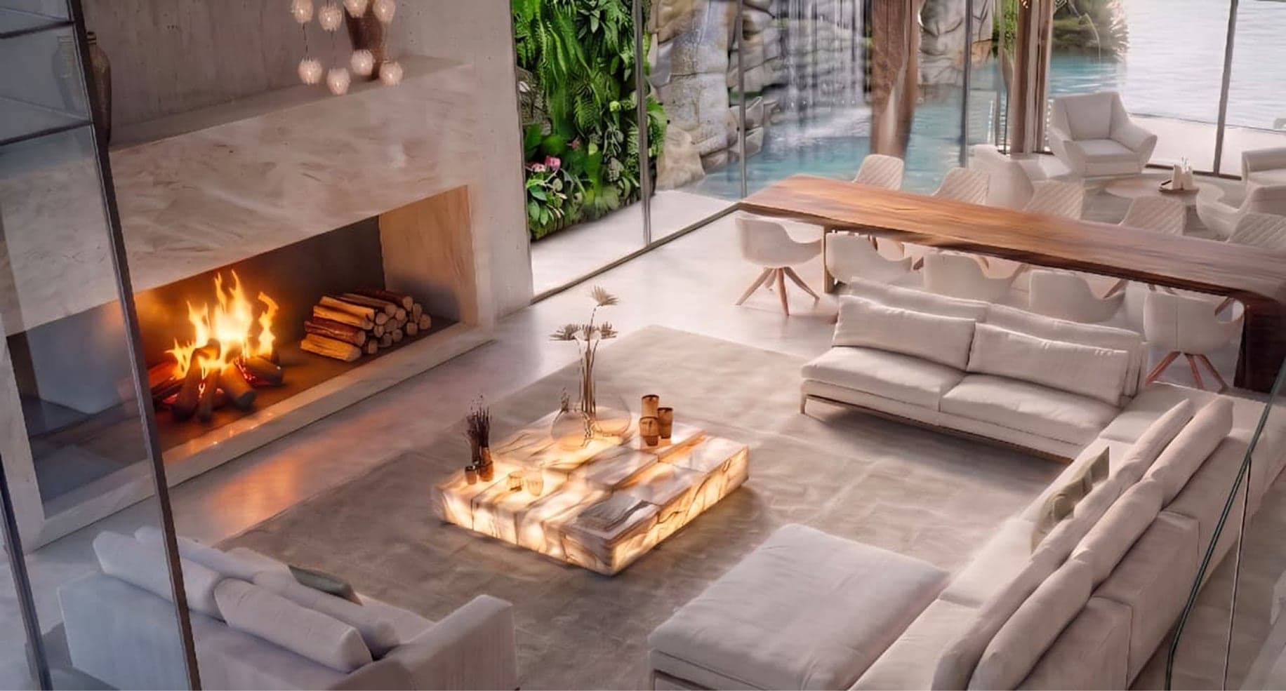 Ground floor — triple-height living room with a crystal grand piano, floating staircase and copper vertical elements.