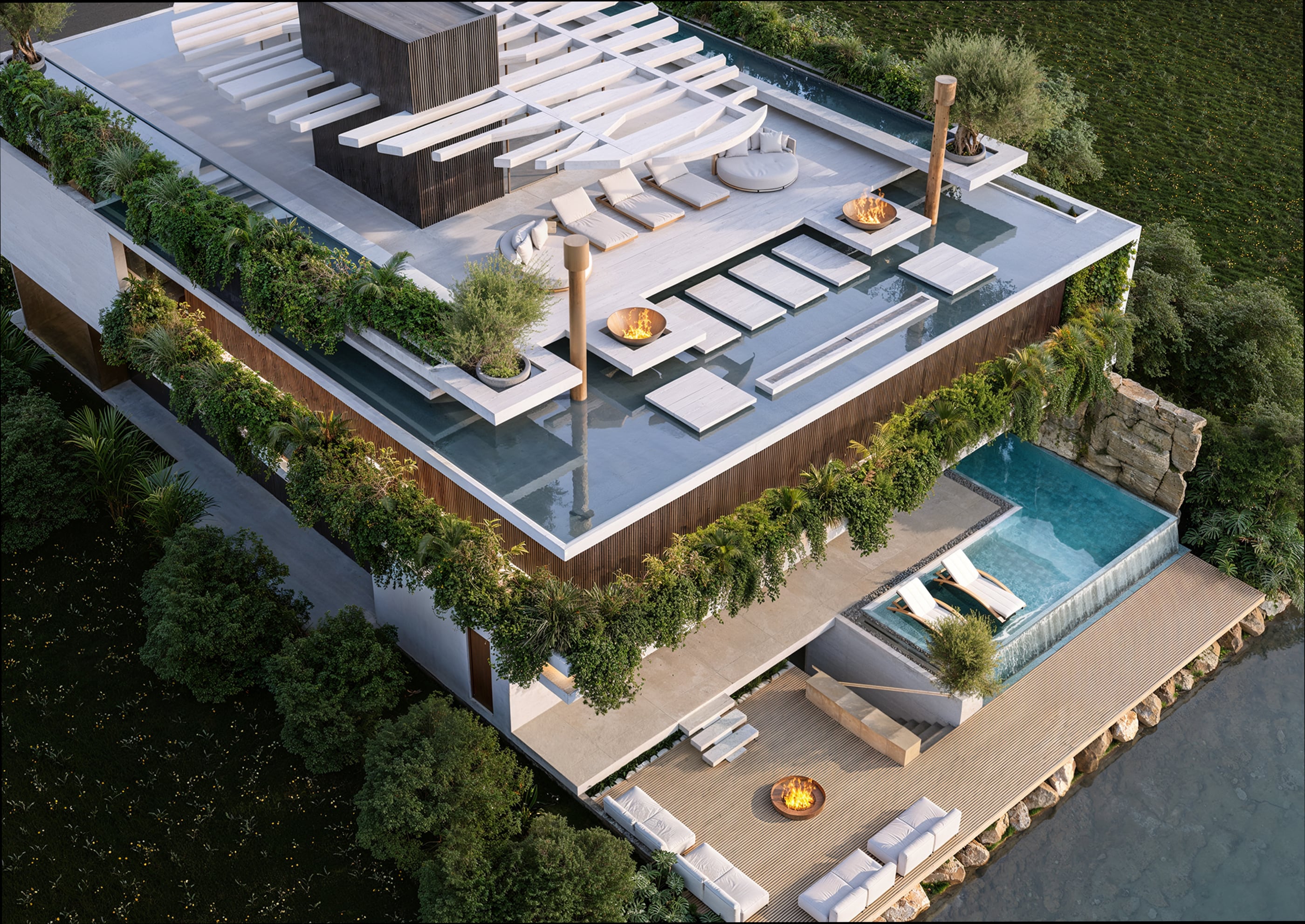 The residence seen from above: the sky garden and reflecting pools on the roof, vertical gardens spilling down every edge, and the pool and deck meeting the lake below.