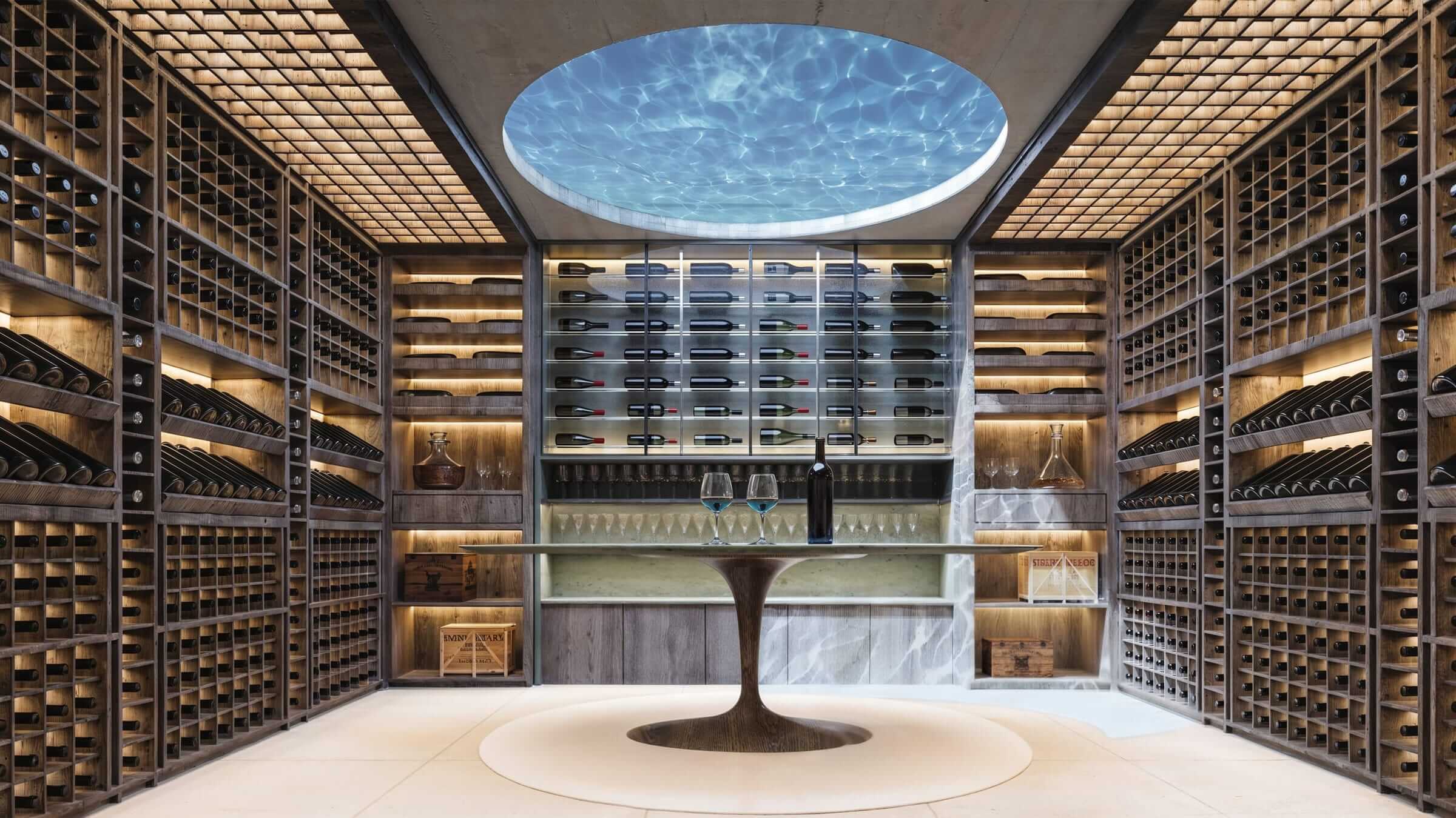 The wine cellar beneath the circular glass floor of the pool, bathed in refracted light between walls of bottles.