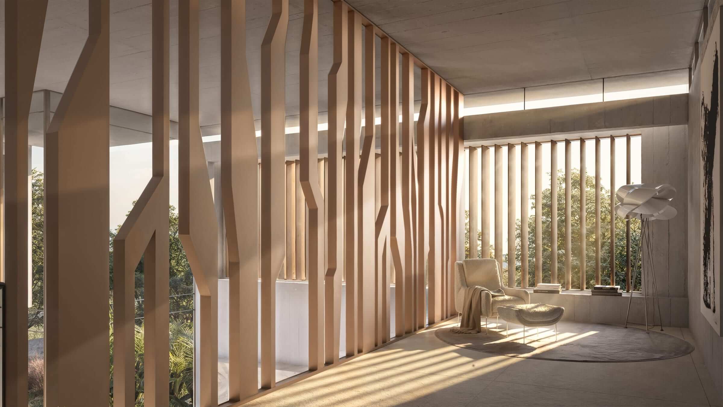 The mezzanine crossed by timber blades shaped like trunks, the forest filtered between them.