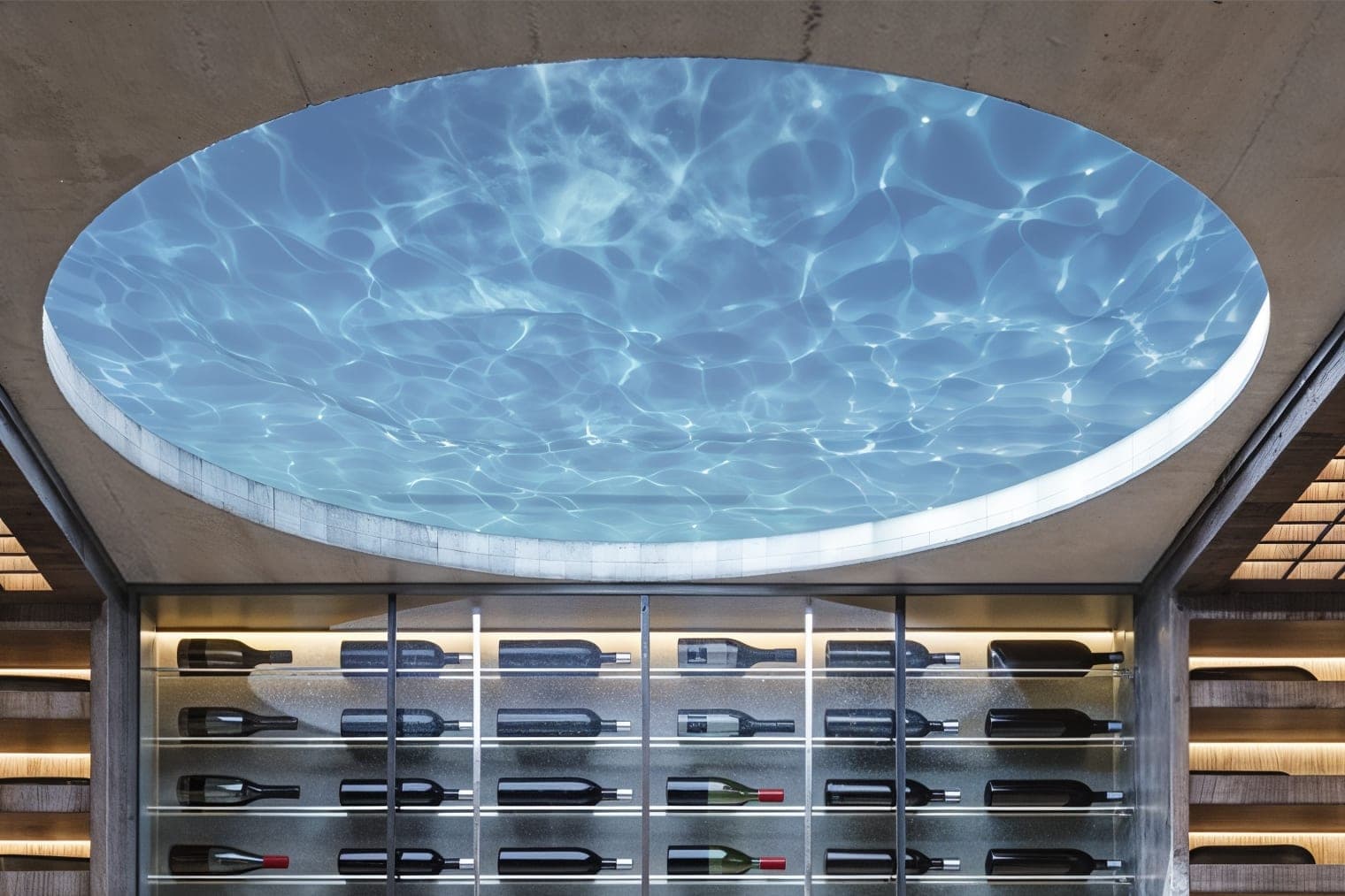 The circular glass ceiling of the wine cellar, seen from below: rippling pool water above turning the opening into a lens of moving blue light.