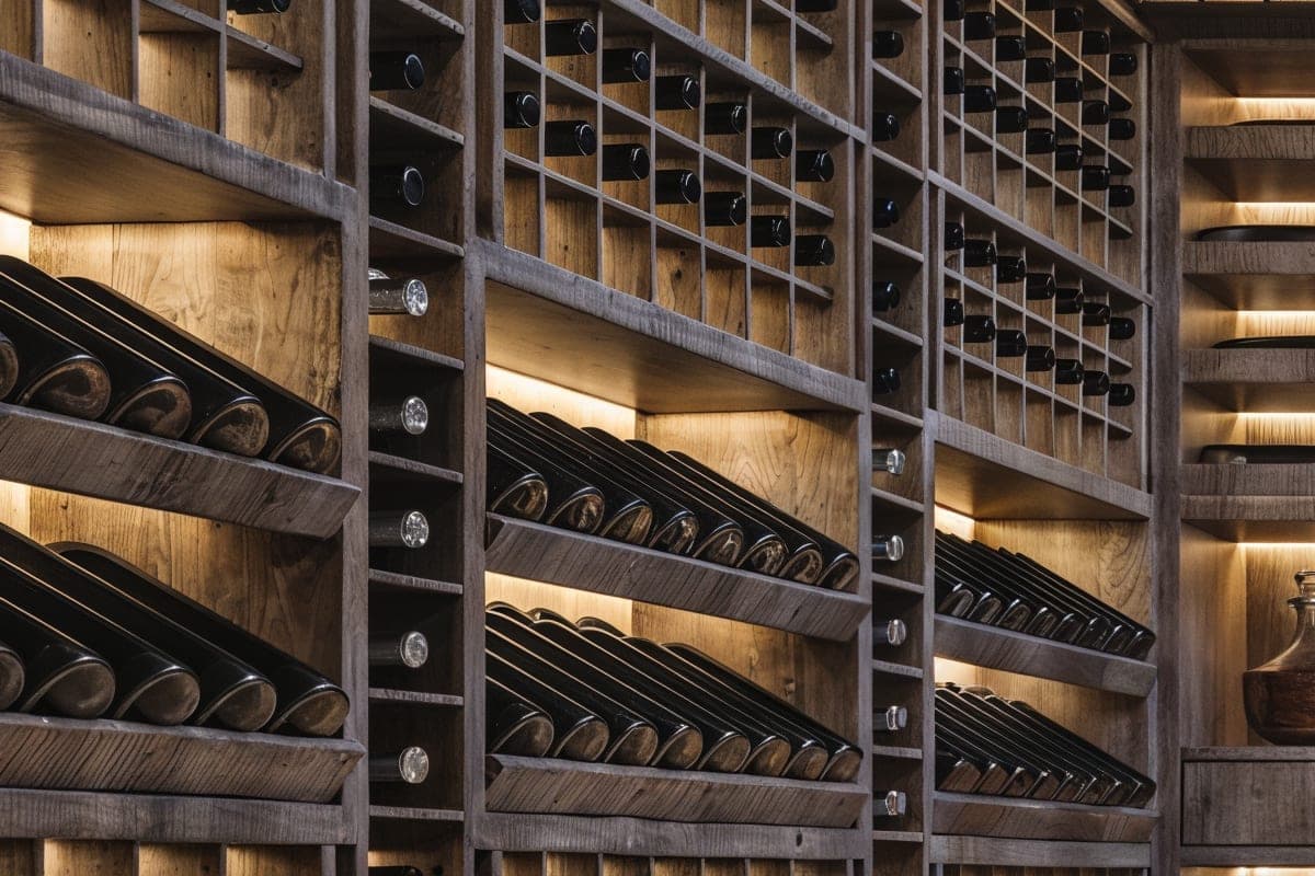 Floor-to-ceiling aged oak bottle racks in the cellar, warm concealed lighting raking across the grain.