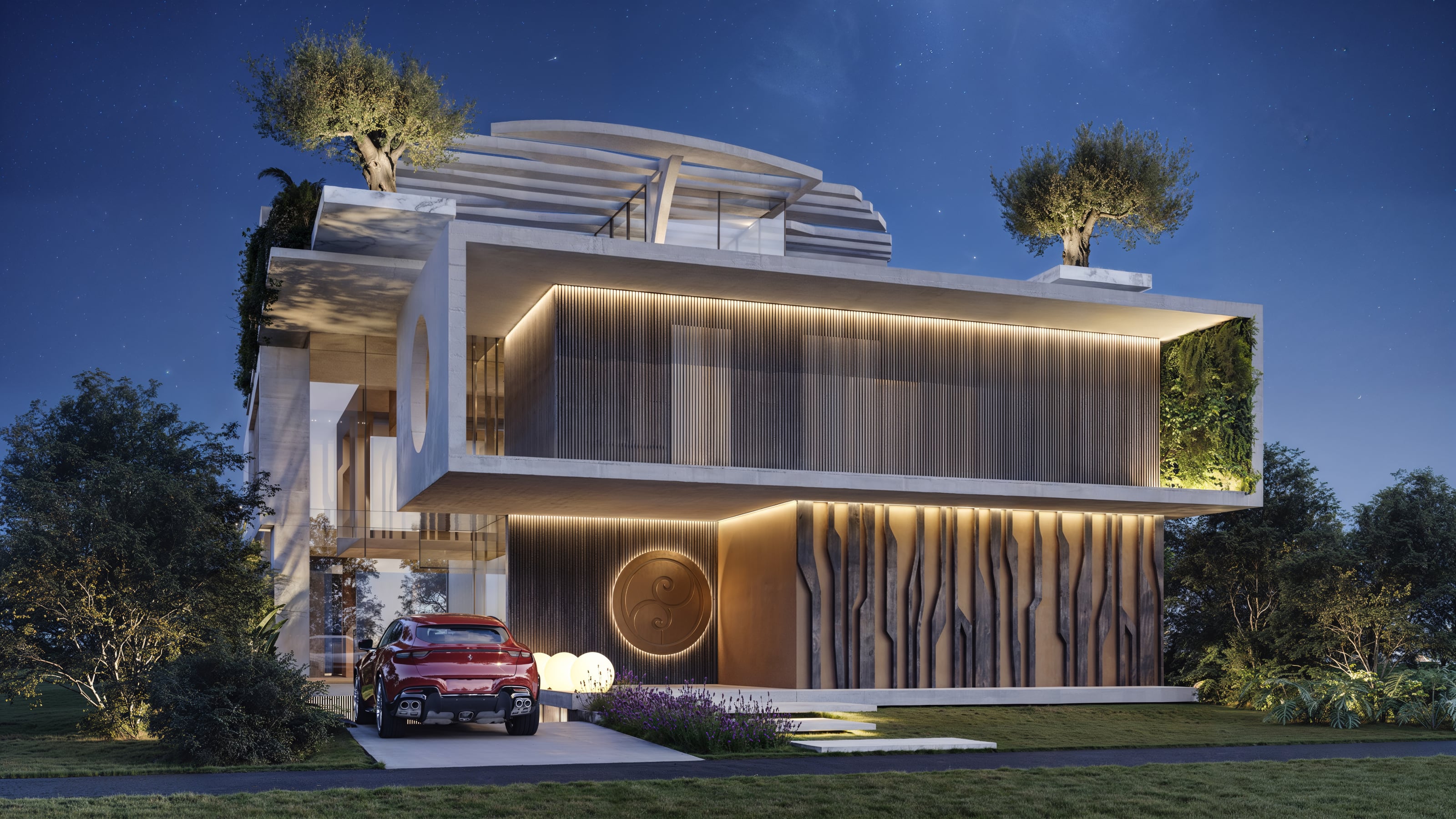 Casa Sovrana at dusk — white concrete volumes and copper brise-soleil, backlit timber slats and rooftop olive trees rising above the entrance.