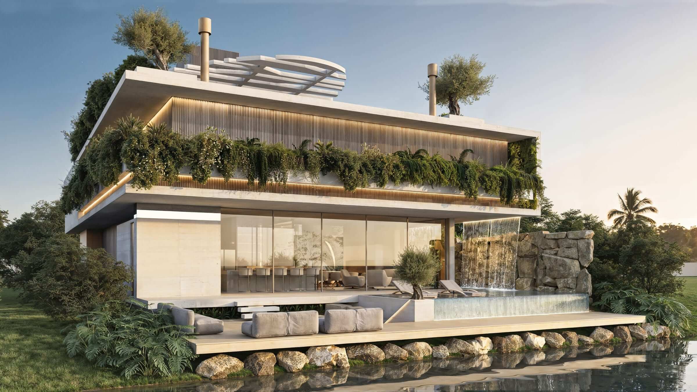 Casa Sovrana seen from the condominium's lake — the living room opens onto a wooden deck, an infinity pool with a stone waterfall, and vegetation cascading from the upper floor.