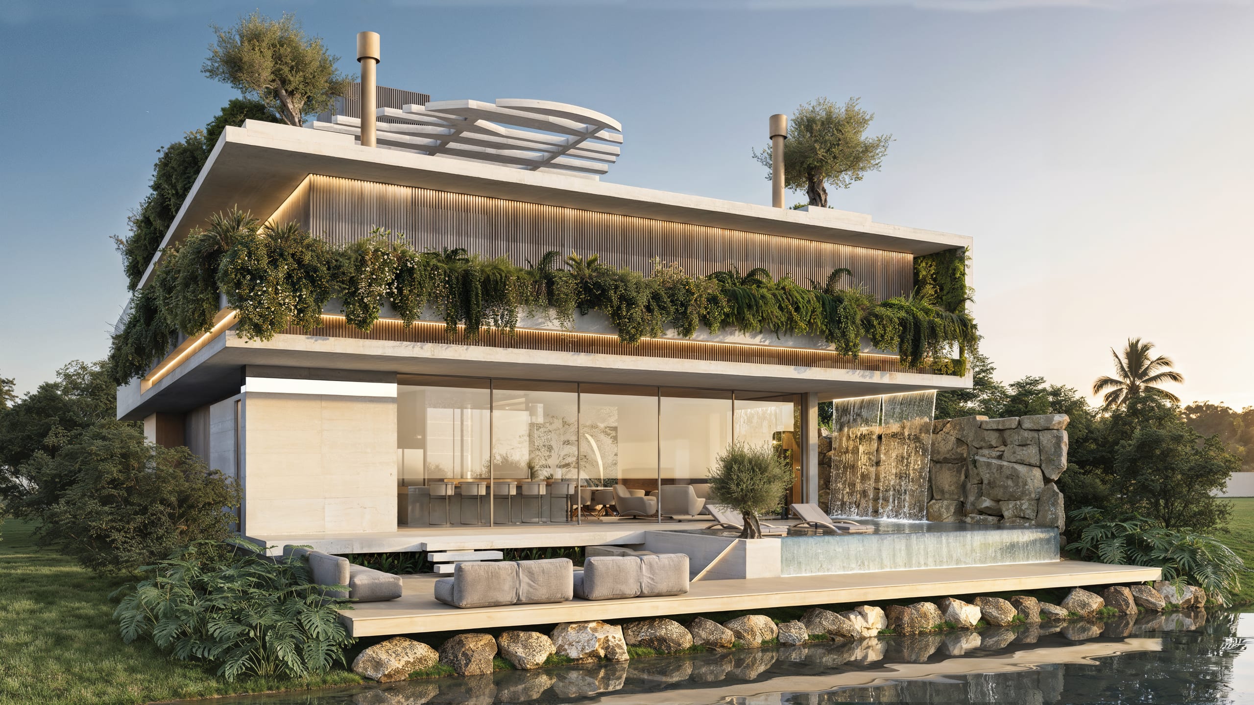 Casa Sovrana seen from the condominium's lake — the living room opens onto a wooden deck, an infinity pool with a stone waterfall, and vegetation cascading from the upper floor.