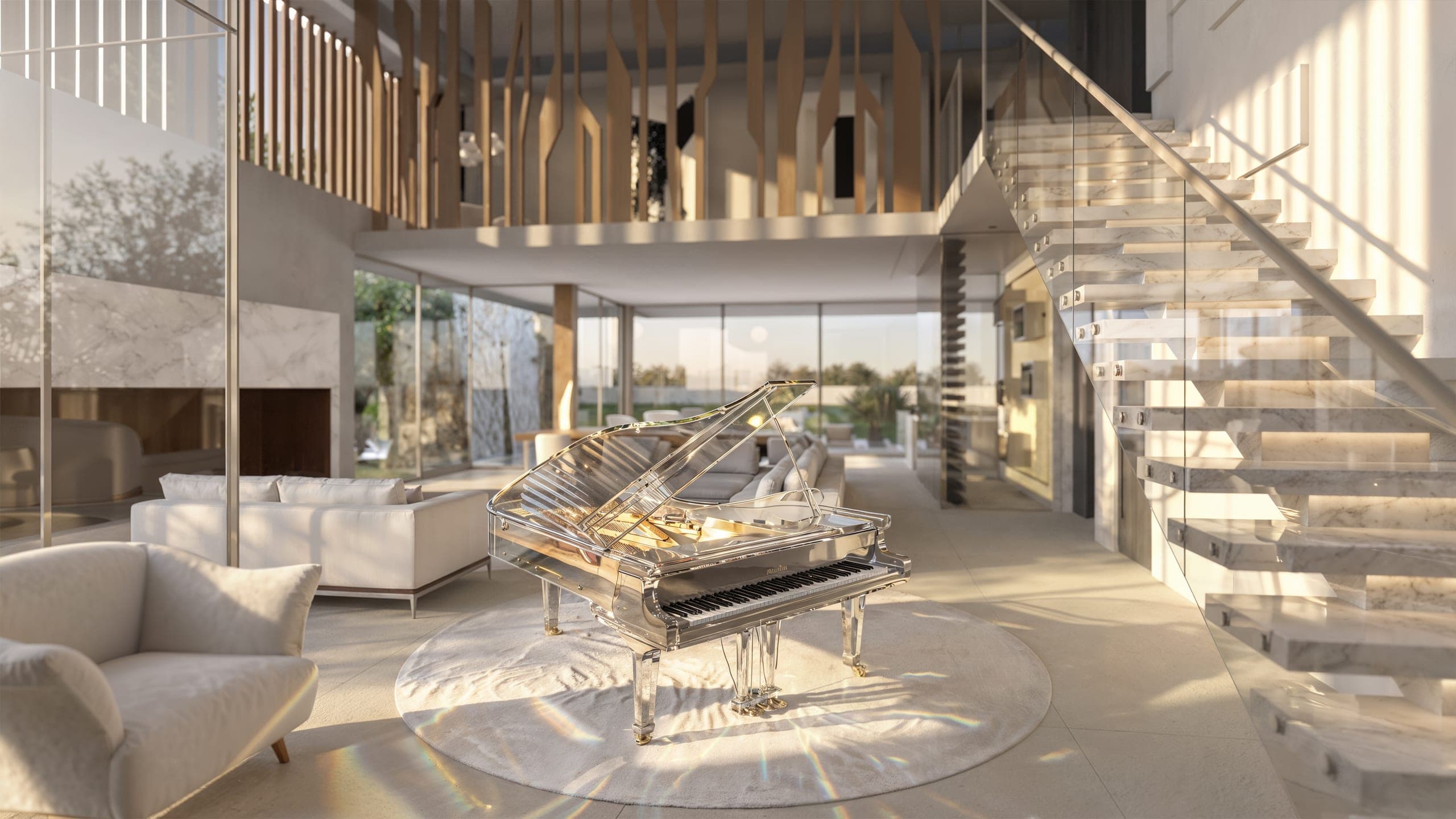 The living room floor in continuous pale stone, catching low sunlight beside a crystal grand piano on a round rug.