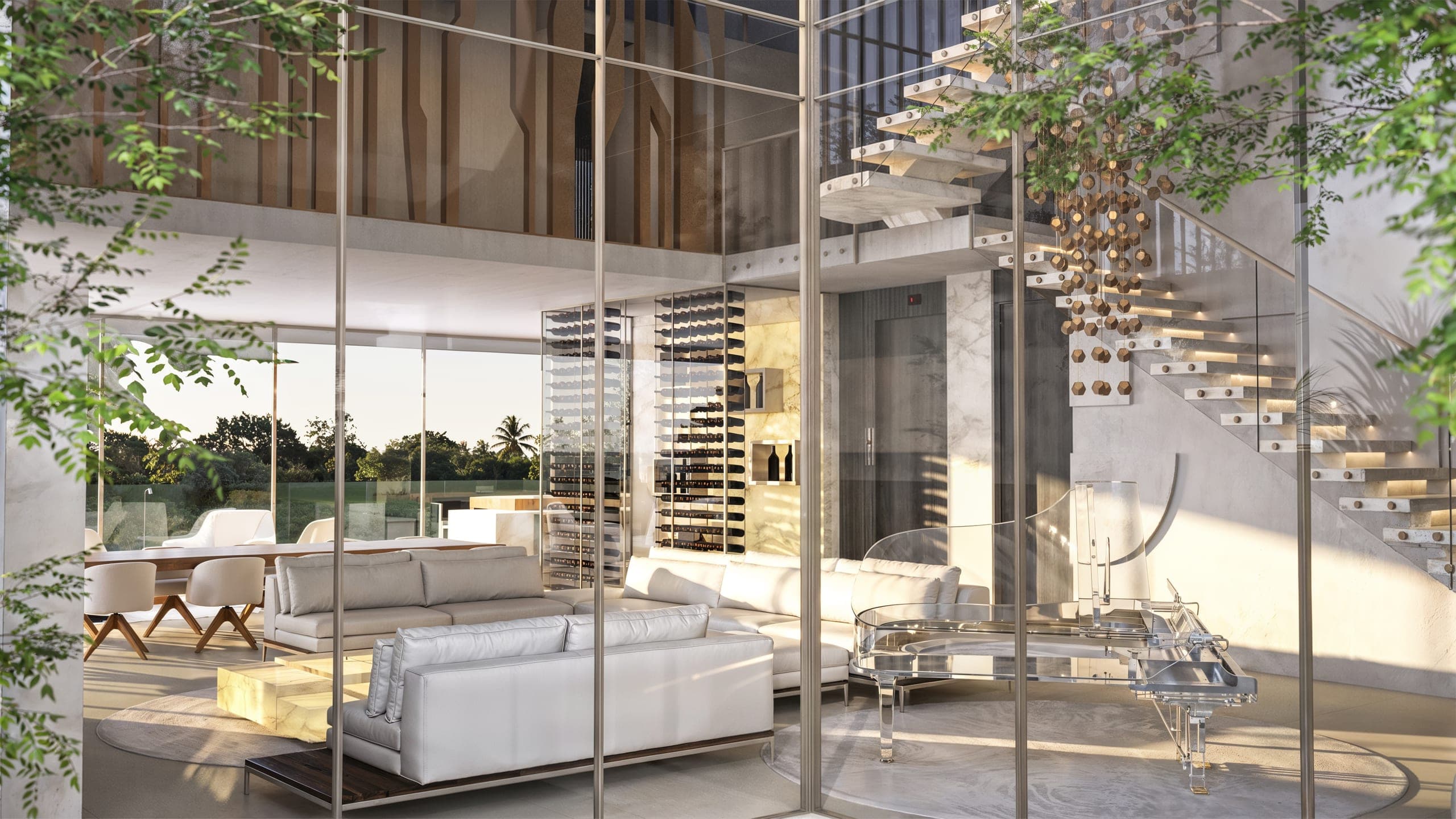 Upper floor seen from the living space — suspended staircase and mezzanine wrapped in glass and greenery.