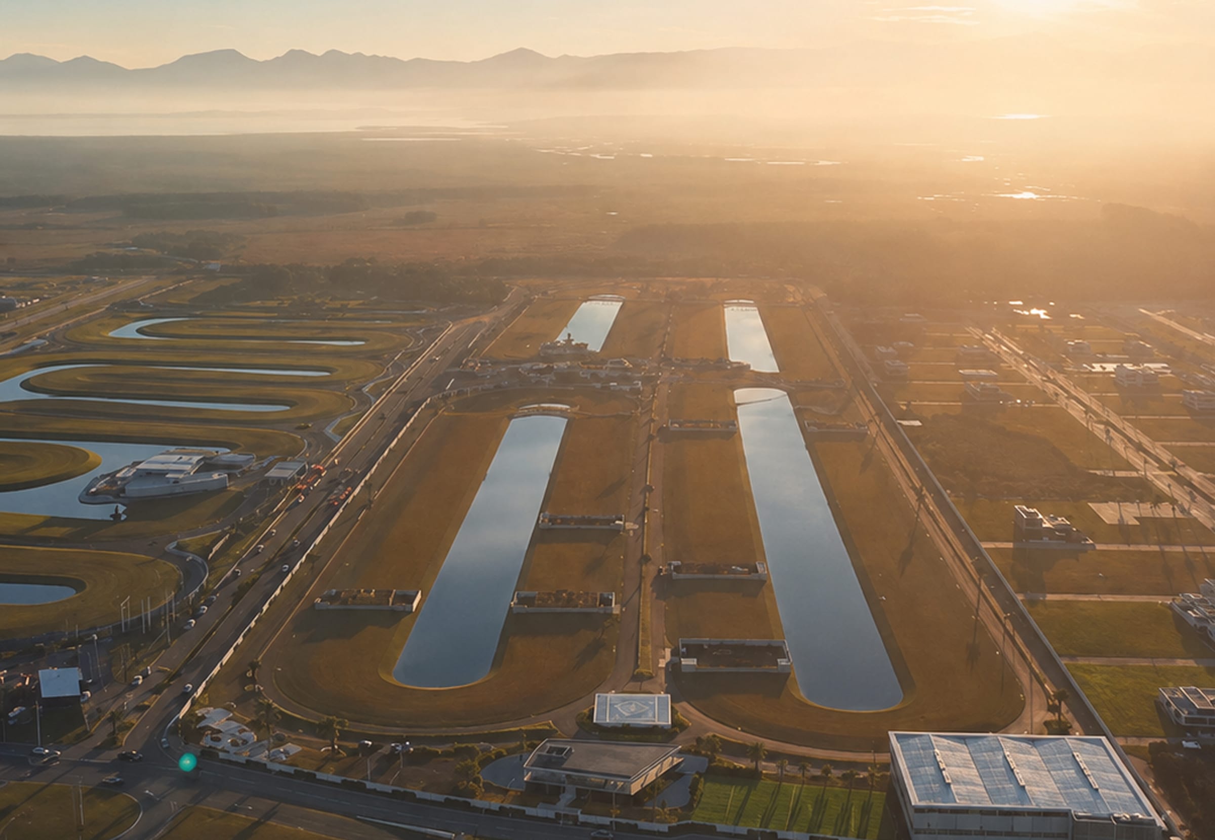 Aerial photograph of the Seasons condominium at first light: two long lagoons between the plots, the coastal plain beyond and the mountains on the horizon.