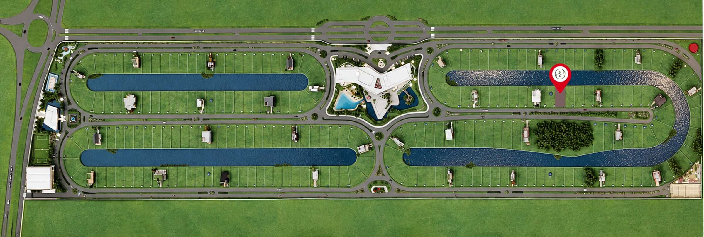 Masterplan of the Seasons condominium seen from directly above, with plot A86 marked by a pin between two lagoons.