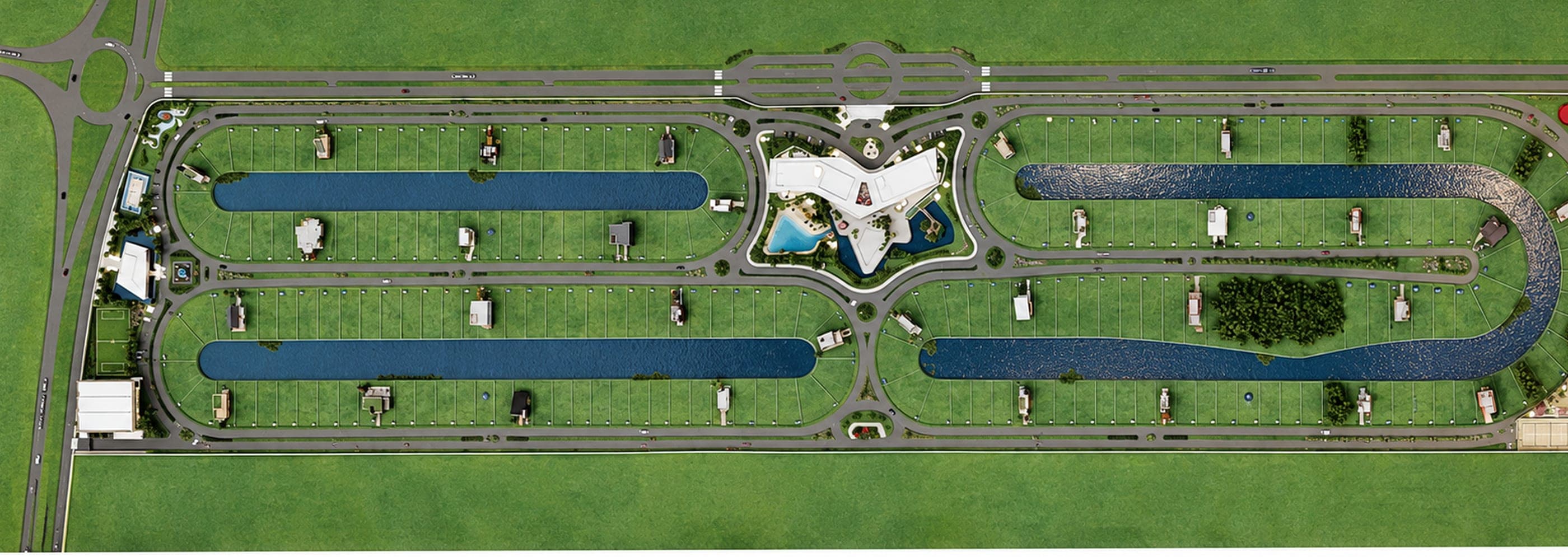 Masterplan of the Seasons condominium seen from directly above: four lagoons, the ring roads, the plots and the star-shaped social club at the centre.